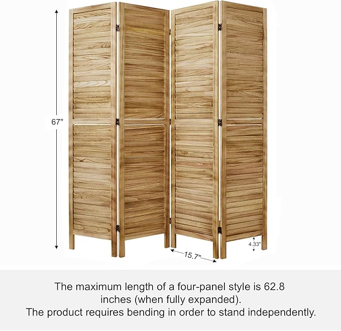 Room Partitions and Dividers, Temporary Wall with Double Hinges, 5.6 Ft Tall Folding Louver Wood Screen for Home Office Bedroom Hotel Decoration (4 Panels, Wood Color)