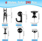 290 Pcs Push Pins, 6 Style Thumb Tacks Set for Wall Hanging,Cork Board, Bulletin Board, Decorative Steel Point Push Pins for Map, Photo, Craft, Office, Home - Black