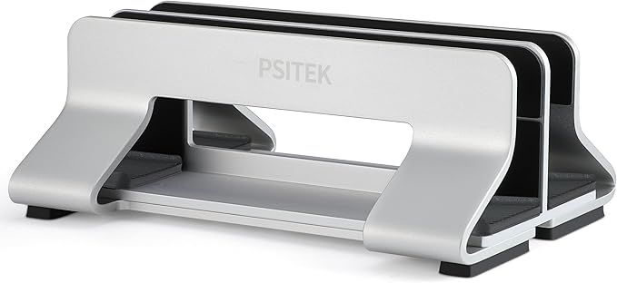 Psitek Aluminum Dual Vertical Laptop Stand Dock Holder, Supports 2 Devices, Adjustable Slot Width 15-36mm, Space-Saving Upright Storage for MacBook and Laptops