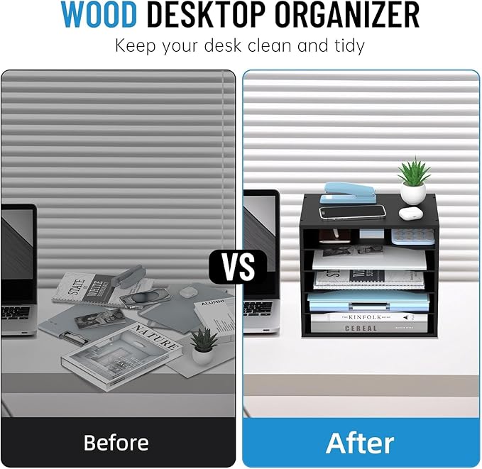 SHARKWOODS 5-Tier Wood Desk Organizer, Paper Tray Organizer for Desk with Adjustable Storage Shelves, Desktop File Organization Paper Sorter Mail Holder for Office Home Classroom, Black