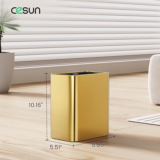 Cesun Small Bathroom Trash Can 2.1 Gallon Wastebasket, Modern Metal Garbage Can Office Waste Basket, Gold Stainless Steel Trash Bin for Bedroom, Home Office, Toilet, rv, Near Desk, Under Sink