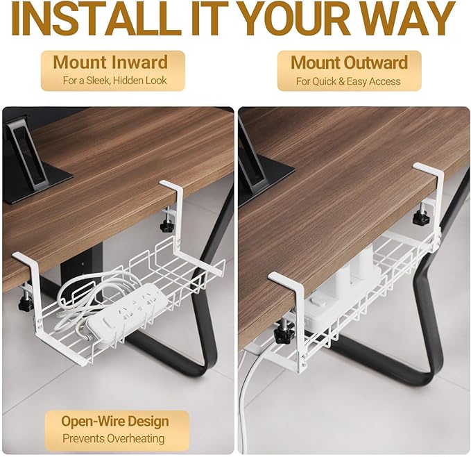 JETONN Under Desk Cable Management Tray, 15.7'' Metal Wire Organizer with Clamp, No Drill Desk Cord Rack for Cable Management, Computer Wire Organizer for Office and Home, Sturdy & Scratch-Free