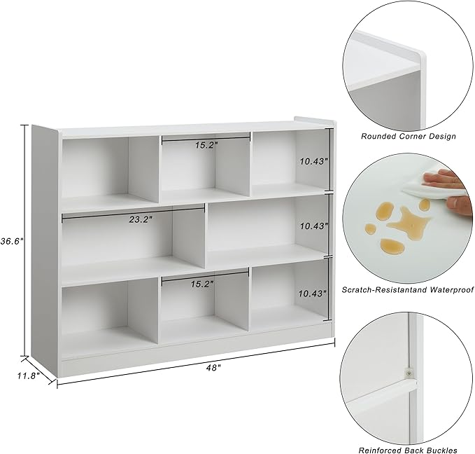 Onirw 3-Tier Bookshelf, 8-Section Wooden Bookcase, Storage Organizer with Anti-Tilt Device, Modern Storage Display Cabinet for Living Room, Classroom, Kid’s Room (White)