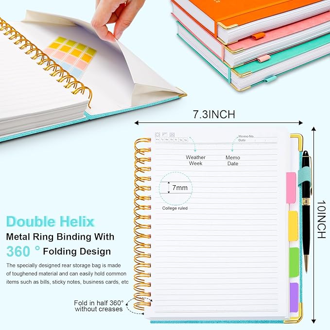 Hardcover Spiral Notebook 8"x10" Journal Notebook with Tabs and Removable Dividers 300 Pages 5 Subject Notebook College Ruled, Faux Leather Spiral Bound Notebook for Women School Work (Blue)