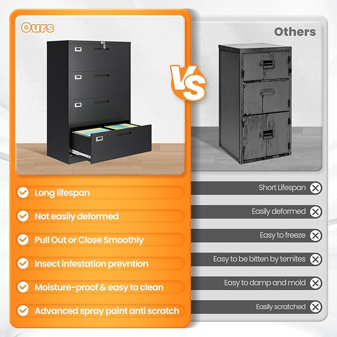 AFAIF 4 Drawer File Cabinets for Home Office, Metal Filing Cabinet with Lock, Black Locking File Caninet Four Drawer, Office Storage Caninets Steel Cabnet for Letter/Legal/A4/F4-Assembly Required
