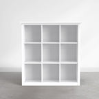 SIMPLIHOME Artisan Bookcase - 43 inch Tall 9-Cube Solid Wood Cube Organizer in Chantilly White, Transitional Storage Bookcase for Living Room, Study Room or Office with Fixed Shelves and Tapered Legs