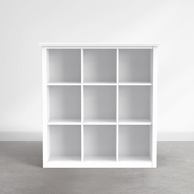 SIMPLIHOME Artisan Bookcase - 43 inch Tall 9-Cube Solid Wood Cube Organizer in Chantilly White, Transitional Storage Bookcase for Living Room, Study Room or Office with Fixed Shelves and Tapered Legs