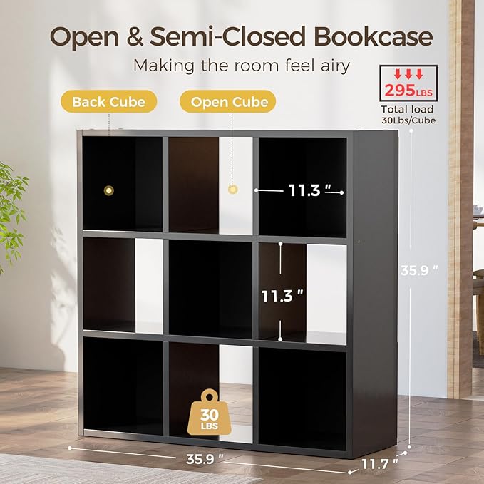 COMHOMA 9 Wood Cube Storage Organizer with Open Back and Removable Back Panels, 11In Black Cube Storage Bookshelf, Cubicle Shelf Bookcase for Home Office Bedroom Living Room, Vertical or Horizontal
