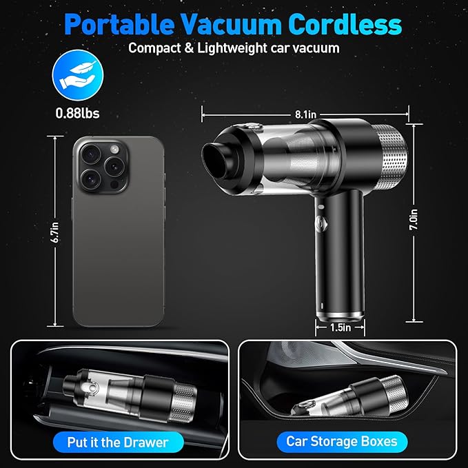 SHLNLI Mini Vacuum Cleaner, 16000PA Car Vacuum Cleaner Portable Cordless with LED Light, 4 in 1 Air Duster and Handheld Small Vacuum Rechargeable for Car, Home, Office, Pet（Black）