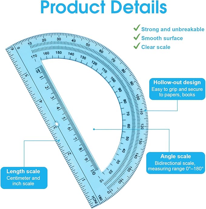 Hoiny 10 Pack Clear Protractor, 6 Inch Plastic Protractors, 180 Degrees Accurate Math Geometry Tools for School, Office, Classroom (Blue)