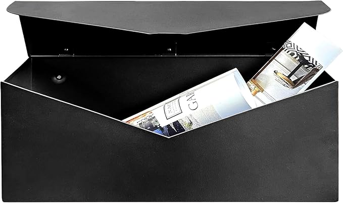 NACH Black Envelope Wall Mount Mailbox, Rust Resistant Metal Mailbox, Black Mailbox Wall Mount, Mailboxes for Outside Wall Mount, Outdoor Mailboxes, Wall Mailbox, 14.1 x 3.5 x 6 Inches, MB-6915BLK