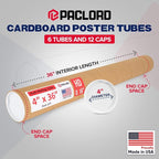 Paclord 4" x 36" Heavy-Duty Reinforced Cardboard Mailing Tube, Pack of 6 Tubes with 12 Caps – Secure USPS Approved – Great for Shipping and Storing of Prints, Artwork, Posters or Documents