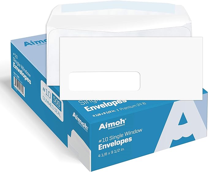 Aimoh #10 Single Left Window Envelopes -Gummed Closure -Size 4-1/8x9-1/2 Inches - 24LB - 1 Case - 5 Packs - 2500 Envelopes(35410-2500)