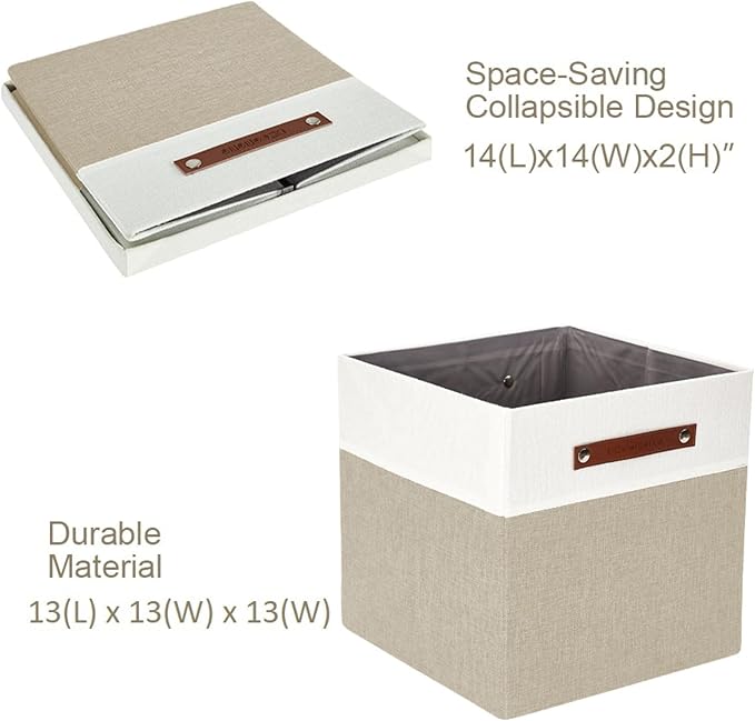DECOMOMO Storage Basket with Lid, Storage Cubes with Handles, Fabric Box with Lid (Beige and White, 13” / 3 Pack)