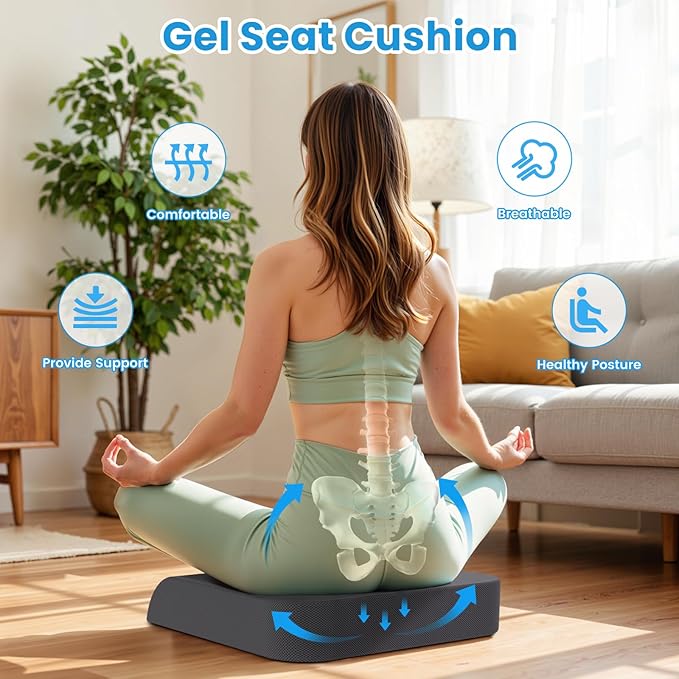 ComfyInLove Wheelchair Seat Cushion - Cooling Gel & Memory Foam Office Chair Cushion with Non-Slip Bottom & Washable Cover, Ergonomic Car Seat Pillow for Sciatica, Tailbone, Back Comfort (Grey)
