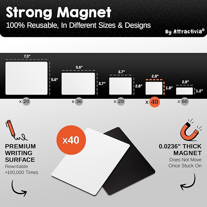 Attractivia Dry Erase Magnetic Labels 2.8 x 1.8 in, Small Dry Erase Magnets, 40-Pack, White Erasable Write-On All-Purpose Labels, for Office, Education, Home, Whiteboard