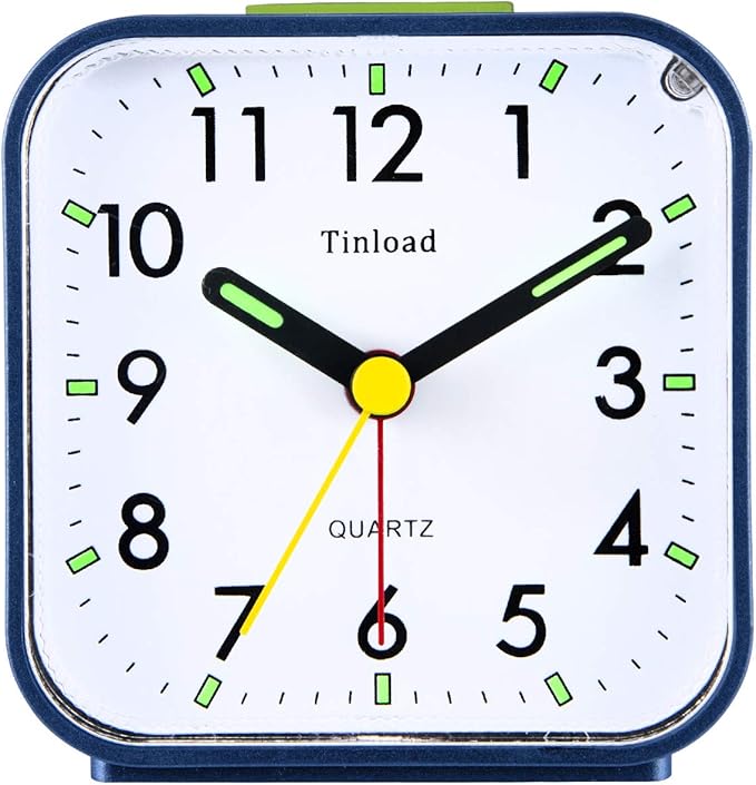 Tinload Small Battery Operated Analog Alarm Clock Silent Non Ticking, Ascending Beep Sounds, Snooze,Light Functions (Blue)