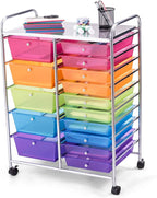 GOFLAME 15-Drawer Rolling Storage Cart, Craft Storage Cart with Removable Drawers & Lockable Wheels, Art Cart Supply Storage Organizer for Home Office Classroom, Rainbow