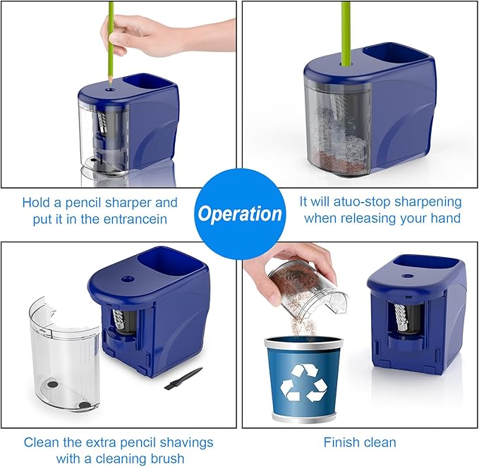 Electric Pencil Sharpener Heavy-Duty Helical Blade Sharpener with Adapter/Battery Operated for No.2/ (6-8mm) Pencils with Auto Stop & Cleaning Brush in School/Classroom/Office (Blue)