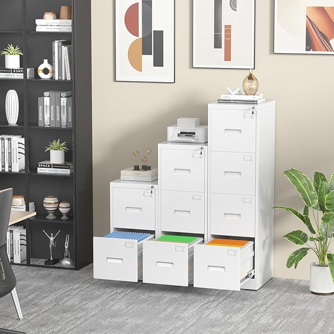 INTERGREAT 3 Drawer File Cabinet, White Metal Filing Cabinet with Lock, Locking Tall File Cabinets with 4 Adjustable Hanging Frame for Home Office, Name Tag