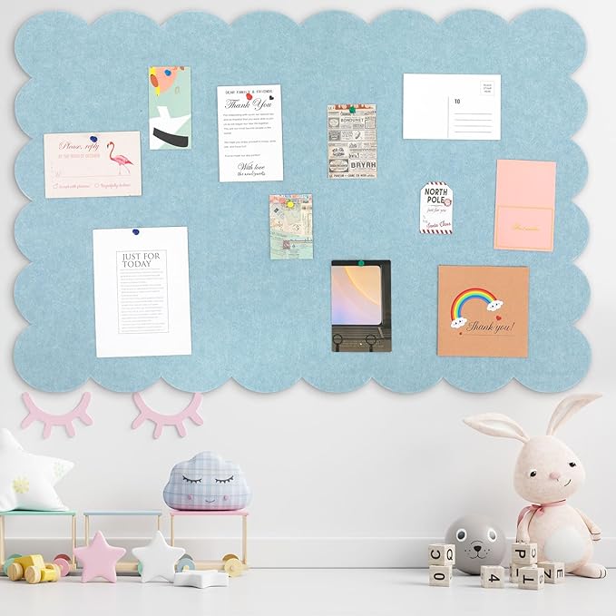 Mooliwe Scalloped Felt Bulletin Board 72 x 48 Inches Foldable Light Blue Pin Cork Board Alternative for Wall, 6' x 4' Trifold Picture Vision Self Adhesive Bulletin Decorative