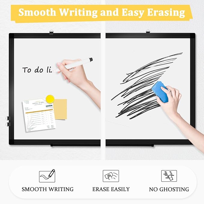 AMUSIGHT Double-Sided Magnetic Whiteboard, 30" x 20" Dry Erase Board Black Aluminum Frame for Wall, White Board Dry Erase Marker Board for Kitchen, Memo, School, Home, Office