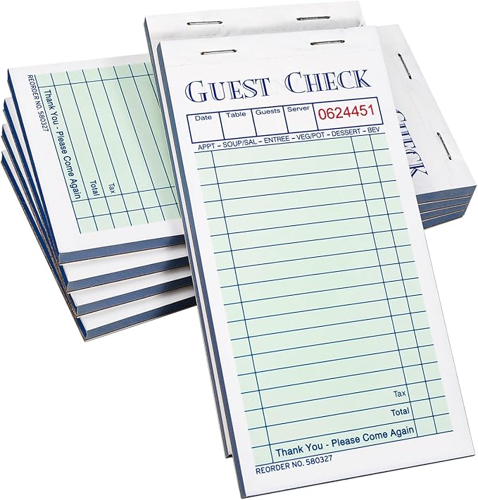 Guest Checks Server Note Pads 300 Sheets with Carbonless Copy Paper for Restaurants (6 Books) 3.5" x 6.75" Per Ticket Book