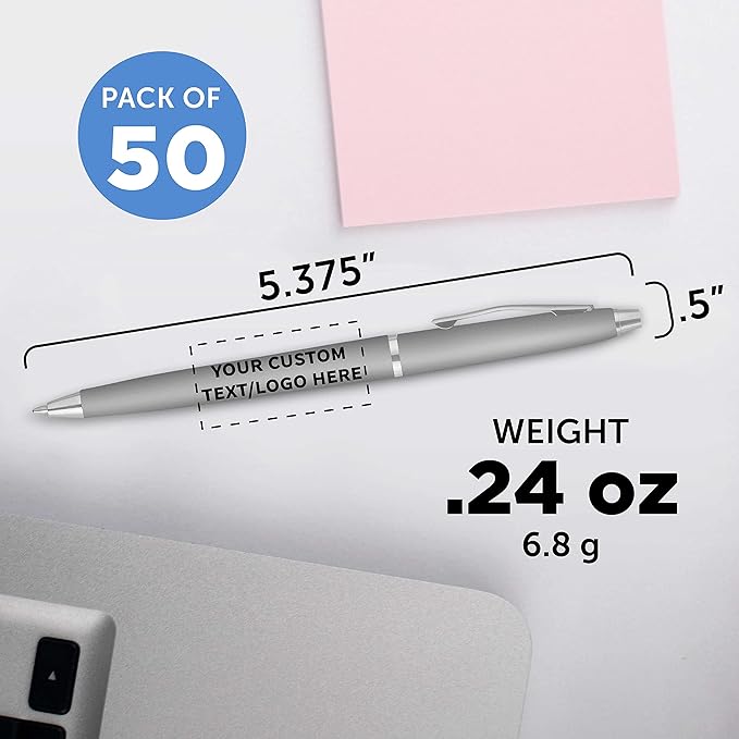 DISCOUNT PROMOS Custom Langham Ballpoint Pens Set of 50, Personalized Bulk Pack - Black Ink, Great for Office, School, Business, Tradeshows - Silver