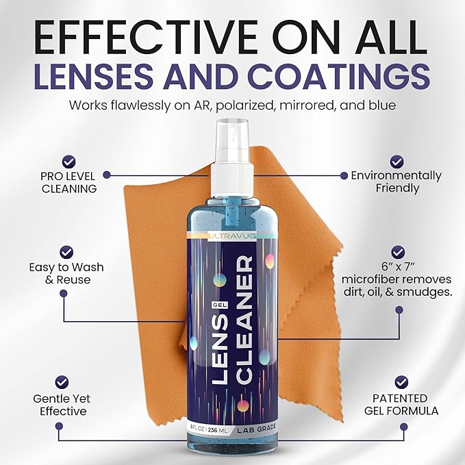 ULTRAVUE Eyeglass Gel Lens Cleaner Spray Kit - 2 x 8oz and 1 x 2oz Gel Eyeglasses Cleaner Spray Bottle + 2 Microfiber Cloth for Cleaning - Safe for All Lenses (AR Coated Included)