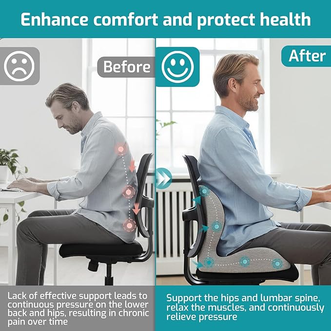 Memory Foam Seat Cushion,Office Chair Cushion with Lumbar Support,L-Shape Ergonomic Cushions with Strap,Non-Slip Sciatica,Hemorrhoids, Tailbone Pain Relief for Office Workers,Driver (Black+Light Gray)