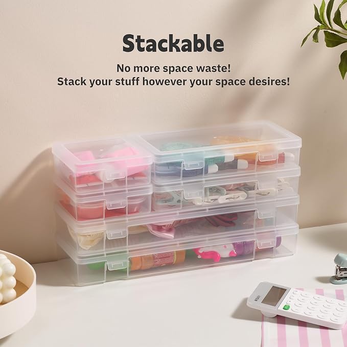 novelinks Stackable Plastic Clear Storage Box Containers with Latching Lid - Art Craft Supply Organizer Storage Containers for Pencil Box, Crayon, Beads, Jewelry (6 Pack Large -Clear)