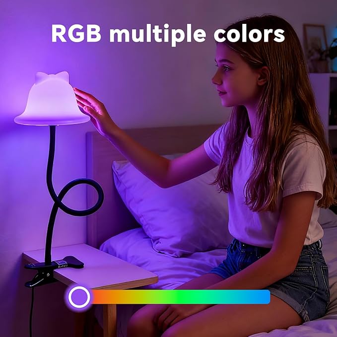 Rdzoko Clip On Light and Bed Reading Light, Clip on for Desk, Bedside Lamps for Dorm, College Dorm Room Essentials, Night Light for Kids Nursery, Multicolor LEDs, Adapter Included