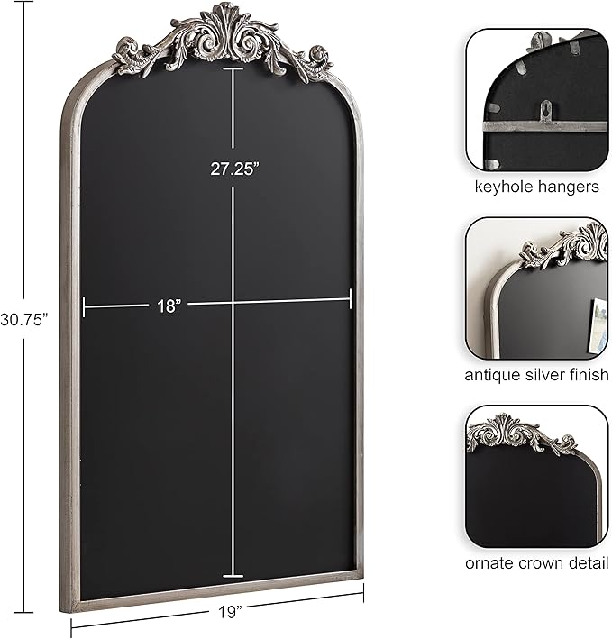 Kate and Laurel Arendahl Arch Chalkboard; Silver; 19 x 31; Framed Arched Ornate Vintage Magnetic Chalkboard for Unique Display; Decoration; and Organization