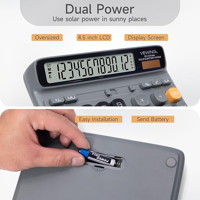 VEWINGL Desktop Calculator with Large LCD Display, 12-Digit Dual Power Solar & Battery Office Calculator with Big Buttons for Business, Accounting & Home Use (Green, L)