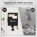 Lucundm Mail and Key Holder - Decorative 9.8" x 12.5" Wall Key Hanger with 2 Mail Organizer Slots and 3 Hooks - Real Paulownia Wood with Keyhole Brackets, Hardware and Instructions (Black)