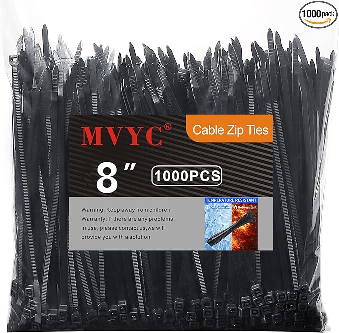 Mvyc Zip Ties, Heavy Duty Cable and Wire Ties with 50 Ibs Tensile Strength and UV Resistance, for Home, Office, Garden, Workshop, Black (8 Inch, 1000 Pack)