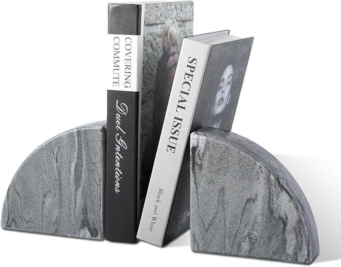 Karibiber Marble Bookend for Shelves, Non-Skid Bookends for Heavy Books, Heavy Duty Book Stopper for CDs, Luxury Book Shelf Holder, Quarter Circle Design Book Ends Decorative, Monte Grigio, Set of 2