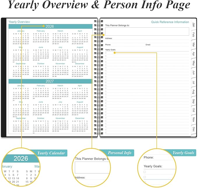 2026 Planner - Planner 2026 from January 2026 to December 2026 with 12 Monthly Tabs, Flexible Cover, Inner Pocket, 8.5" x 11", Black