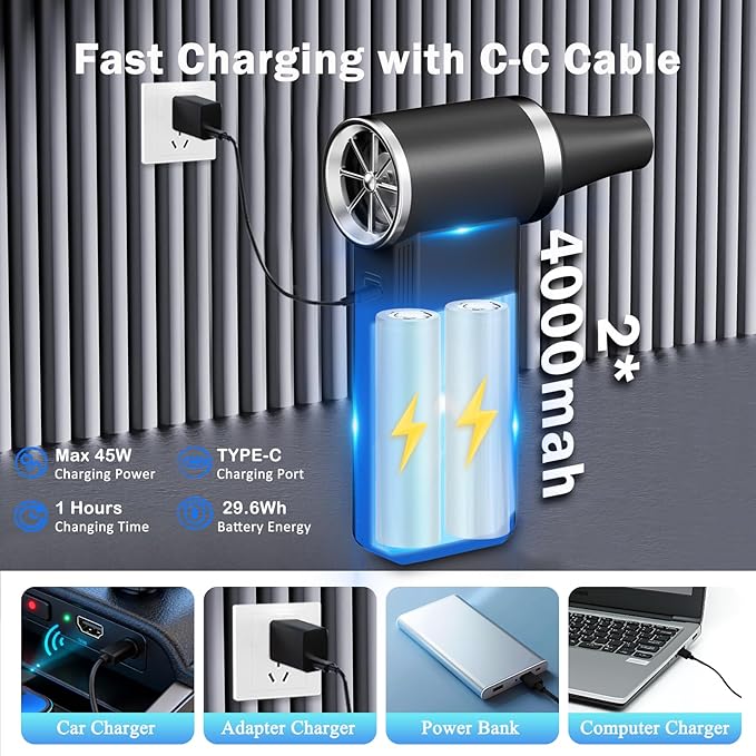 Compressed Air Duster- 180000 RPM Brushless Motor,45W Fast Charge,4-Speed Adjustable Electric Air Duster, Rechargeable Mini Duster Blower for PC,Keyboard,Car,Outdoors,Home and Snow Clearing,Black