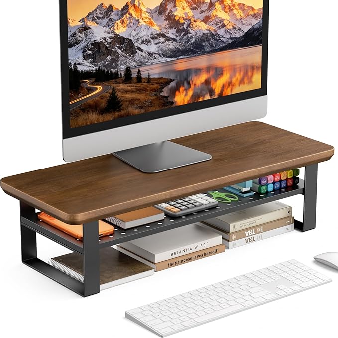 NestNeat Monitor Stand Riser, 24 Inch Computer Monitor Stand for Desk, 2-Tier Wood Desk Shelf Organizer with Storage, Desktop Stand for Laptop/Screen/PC/Printer, Ergonomic Home Office Monitor Stand