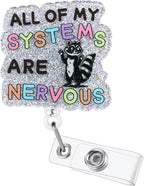 All of My Systems are Nervous Funny Nurse Badge Reel, Cute Raccoon Retractable ID Card Badge Holders, Work Badge Clip for ICU ER ED EMT Labor and Delivery Psychiatry Night Shift Nurse Social Workers