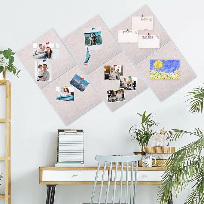 Thboxes Large Cork Board 36" x 24", 6 Pack Felt Wall Tiles with Colored Pushpins, Bulletin Board with Removable Self-Adhesive Strips, Pin Boards Cork Boards for Walls Office Home-Light Tan