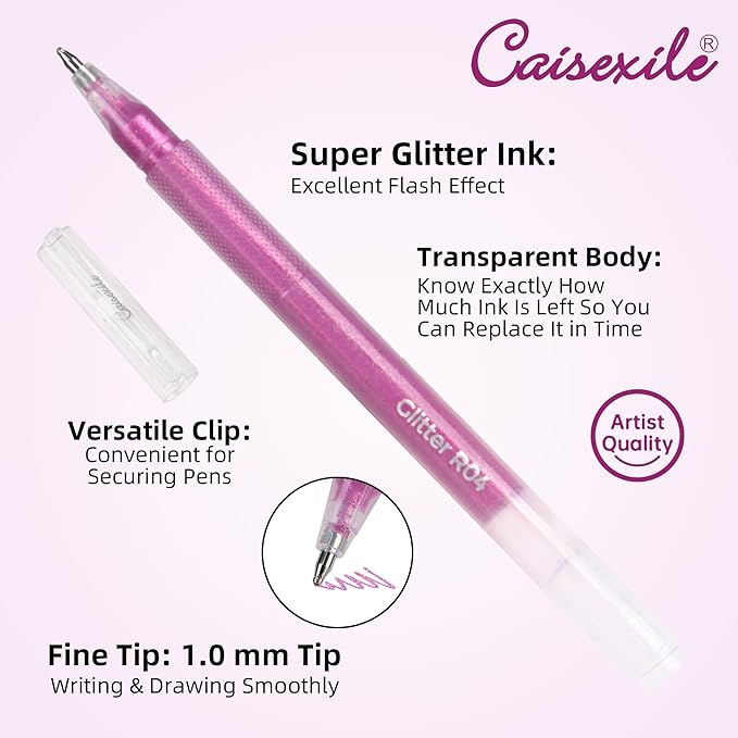 CAISEXILE 12 Red Glitter Gel Pens Set, 1.0 mm Fine Point for Black Paper & White Paper, Large Capacity Pens for Journaling, Adult Coloring Books, Drawing, Note Taking, Highlighting