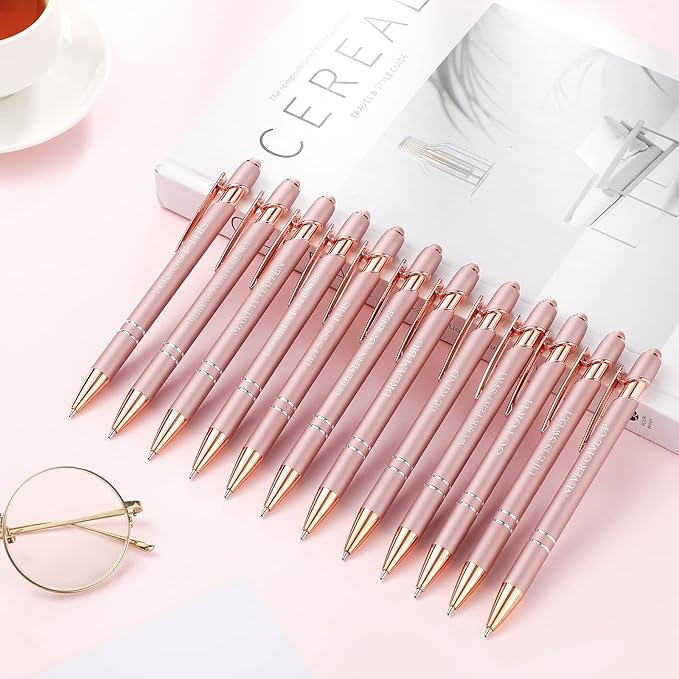 Zonon 12 Pcs Inspirational Pens Bulk Funny Ballpoint Pen with Stylus Tip Motivational Gifts for Valentine's Day Teacher Coworkers Nurse School Office Supplies(Rose Gold,Motivational Style)