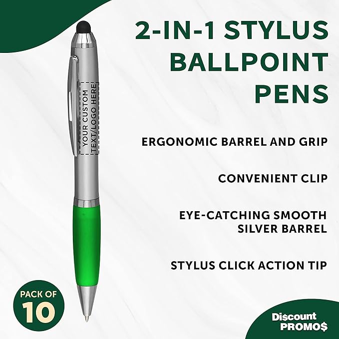 DISCOUNT PROMOS Custom Stylus Ballpoint Pens Set of 10, Personalized Bulk Pack - Black Ink, Great for Office, School, Business, Tradeshows, Events - Green