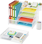 Marbrasse Desk Organizer with File Holder, 5-Tier Paper Letter Tray Organizer with Drawer and 2 Pen Holder,Mesh Desk Organizers and Accessories,Desktop Organizer and Storage for Office Supplies(White)