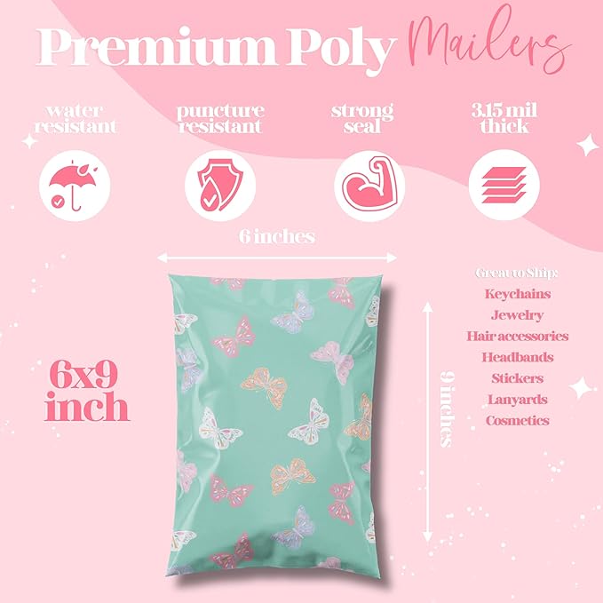 Pretty Package Store 6x9 Designer Poly Mailer 100 Pack Heavy Duty Waterproof Self Seal Shipping Bags for Small Business Large Mailing Envelopes Bulk Tear Resistant Packaging Butterfly