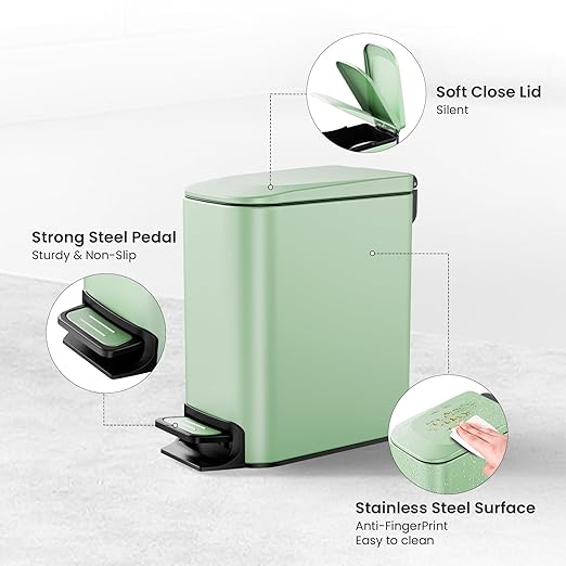 Cesun Small Bathroom Trash Can with Lid Soft Close, Step Pedal, 6 Liter / 1.6 Gallon Stainless Steel Garbage Can with Removable Inner Bucket, Anti-Fingerprint Finish (Matt Green)