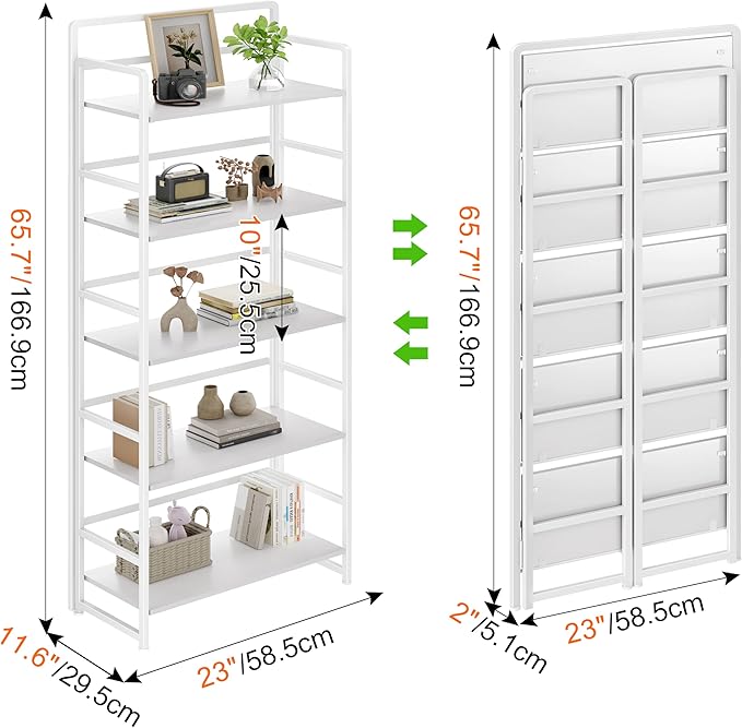 THKKY No Assembly Folding Bookshelf, 5 Tiers Collapsible Book Shelf for Home Office, Vintage Wood Foldable Bookcase Storage Organizer for Living Room Bedroom (White)