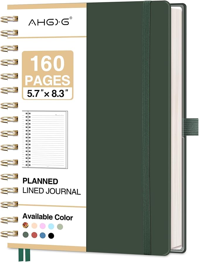 AHGXG Spiral Journal Notebook, 160 Lined Pages, A5 Medium Size (5.7'' x 8.3''), for Men & Women, Journaling, Writing, Work & Office, Hardcover, 100 GSM Thick Paper (Dark Green)